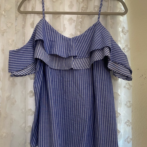 A New Day Blue Denim Pin Stripped Off The Shoulder Blouse w/ ruffles - Picture 3 of 5